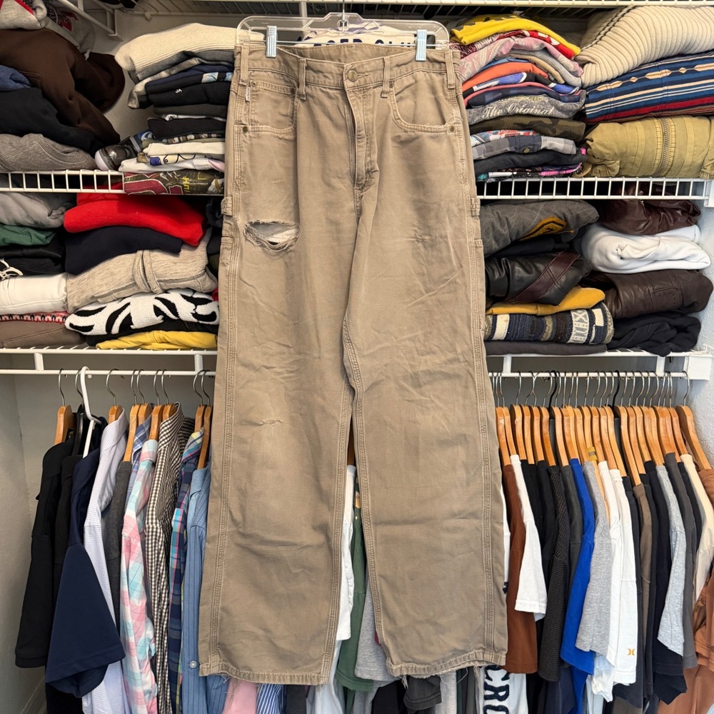 Carhartt Carpenter Pants Mens 34x32‎ Brown B159 MUS Loose Fit Distressed Canvas